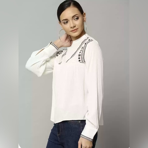 M&S White Bohemian Hippie Flowy Long Sleeve Blouse Embroidered - Picture 12 of 15